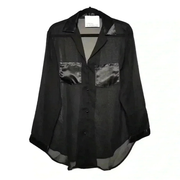 Local European Tops - Local European Oversized Long Sleeve Sheer Button Down Blouse In Black Size S